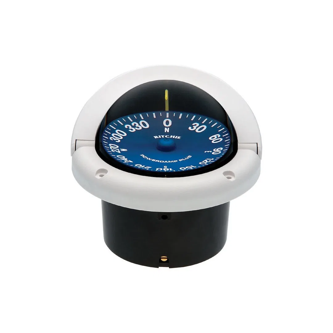 SS-1002W – RITCHIE NAVI Compass, White 12 Volt Green LED Flush Mount 3-3/4 Inch PowerDamp Plus Blue Open Face Dial 4 ...